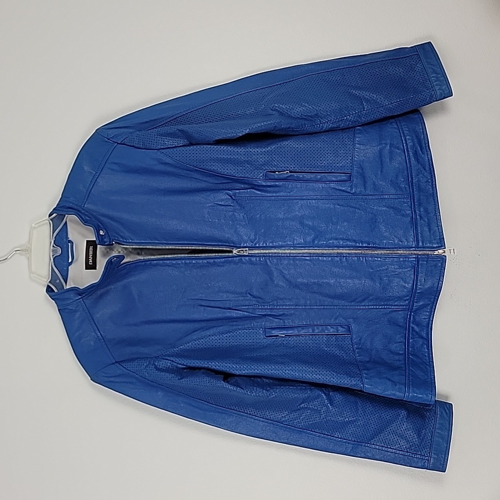 Danier Blue Leather Bomber Moto Jacket Womens (See Pics For Measurements) 12